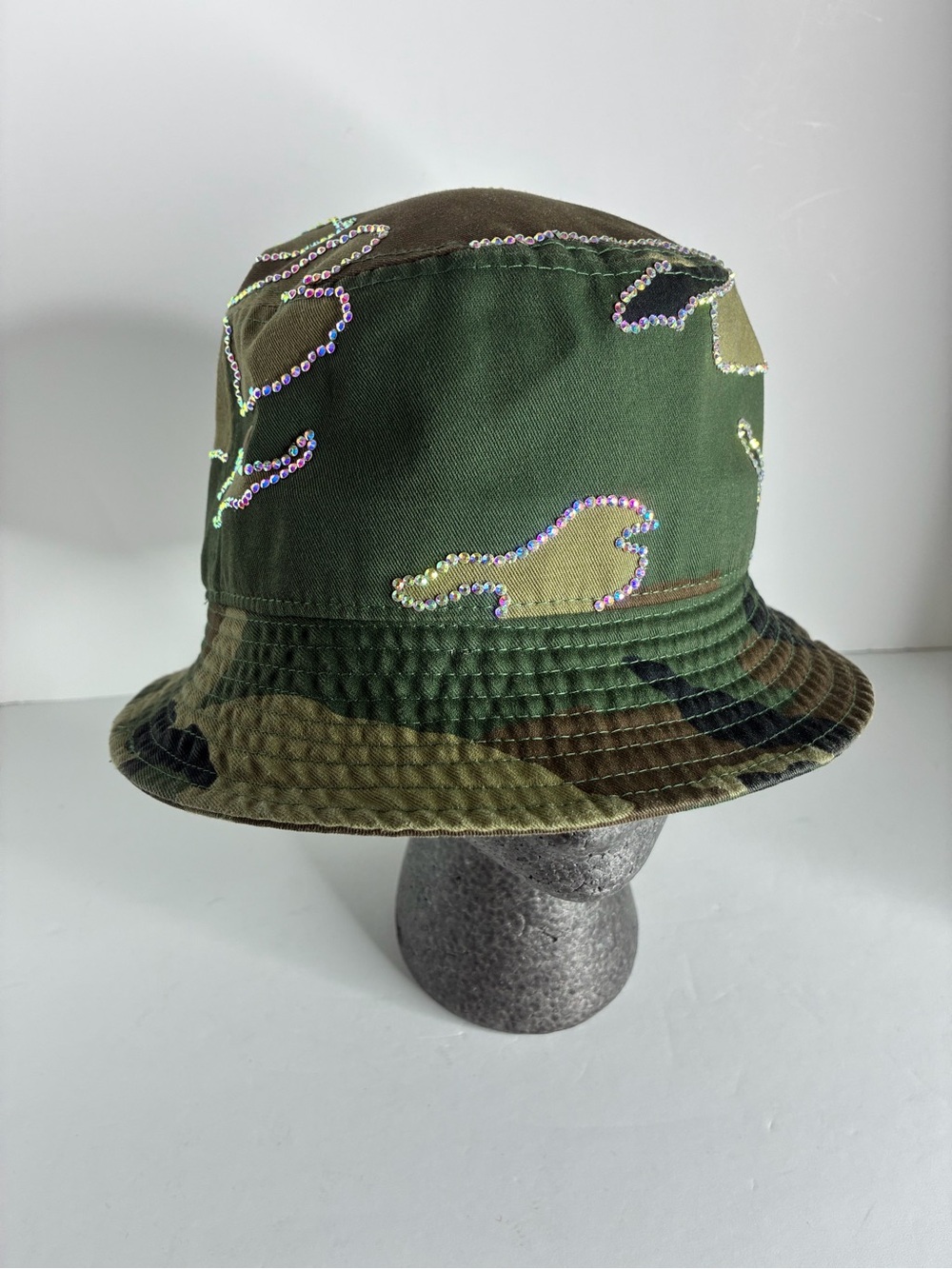 Custom Rhinestone Camouflage Bucket Hat - Green